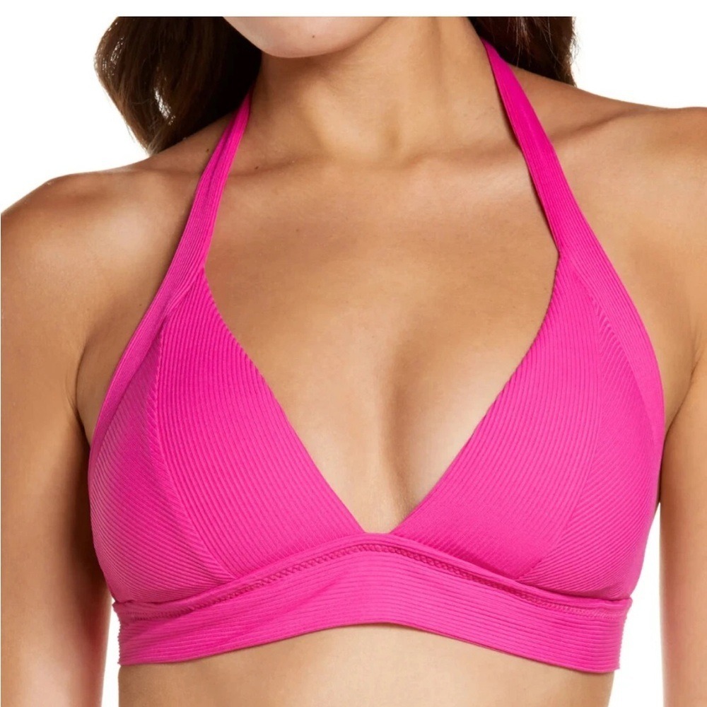 Becca by Rebecca Virtue L2052 Raspberry‎ Ribbed Halter Bikini Top size D cup NWT